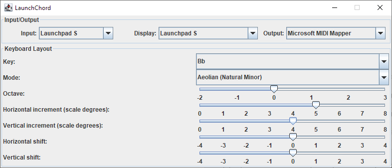 The LaunchChord UI. Here the input/output MIDI devices can be changed as well as the scale and the increment between different rows/columns of keys on the Launchpad.