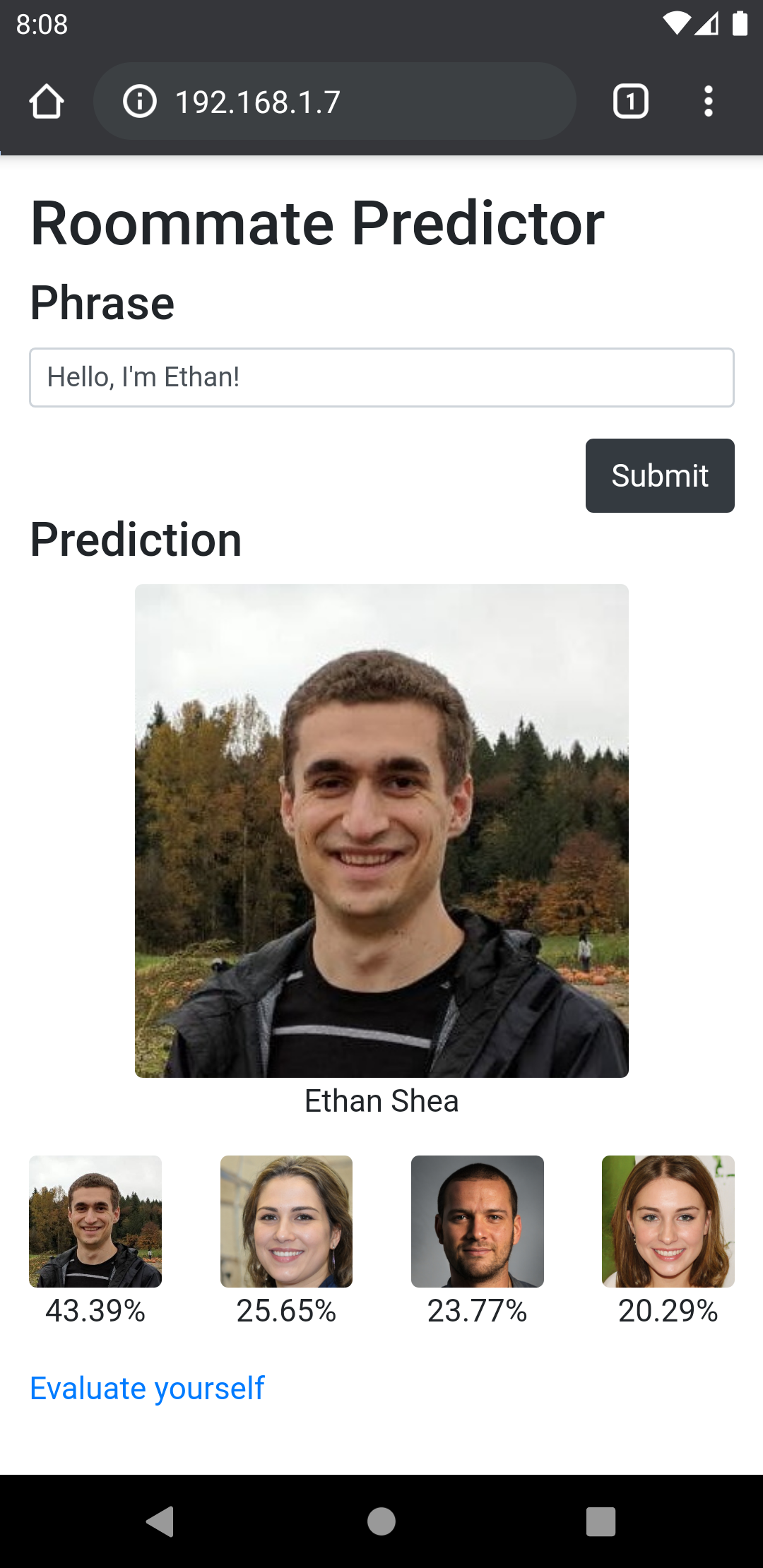 The homepage, where the user may enter a phrase and get the predicted author.